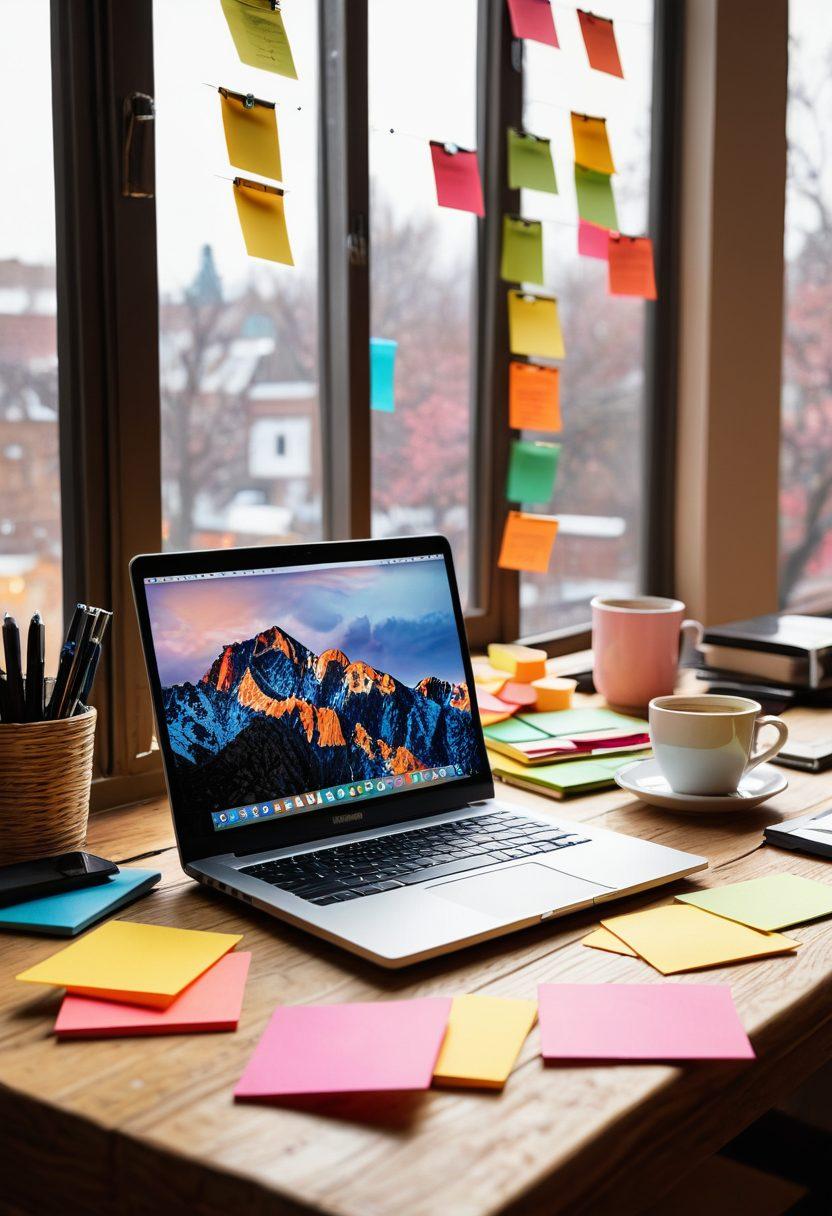 A vibrant, open laptop on a wooden desk surrounded by colorful sticky notes filled with handwritten tips and hacks. A steaming cup of coffee sits beside it, and a notepad with a pen lies open, inviting creativity. Bright light filters through a window, illuminating the scene, suggesting a productive workspace filled with inspiration. super-realistic. vibrant colors. cozy atmosphere.