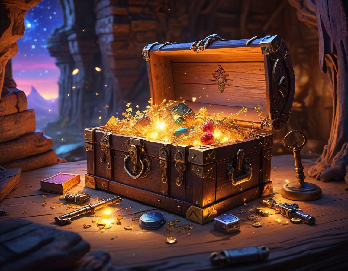 A mysterious key unlocking a glowing treasure chest filled with glowing review stars and glowing hacks, surrounded by ancient scrolls and modern gadgets. A whimsical blend of old and new, creating a sense of adventure and discovery. Soft beams of light illuminate the scene, inviting curiosity. digital art. vibrant colors. 3D.