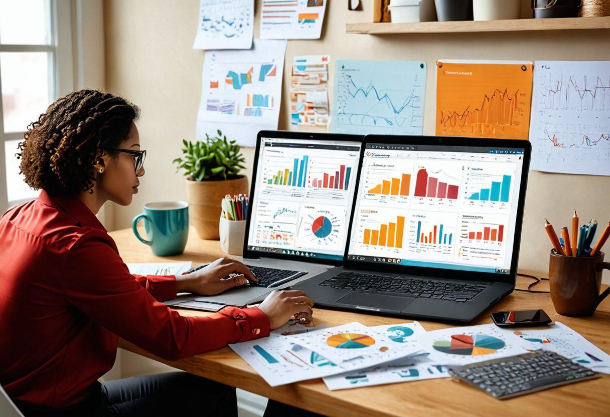 A professional writer deeply focused on creating charts and graphs on a laptop, surrounded by colorful infographics. Include hands on keyboard with notes and a steaming coffee cup nearby, symbolizing productivity. The background showcases a vision board filled with comparison charts and recommendation lists, blending creativity and professionalism. vibrant colors. super-realistic.